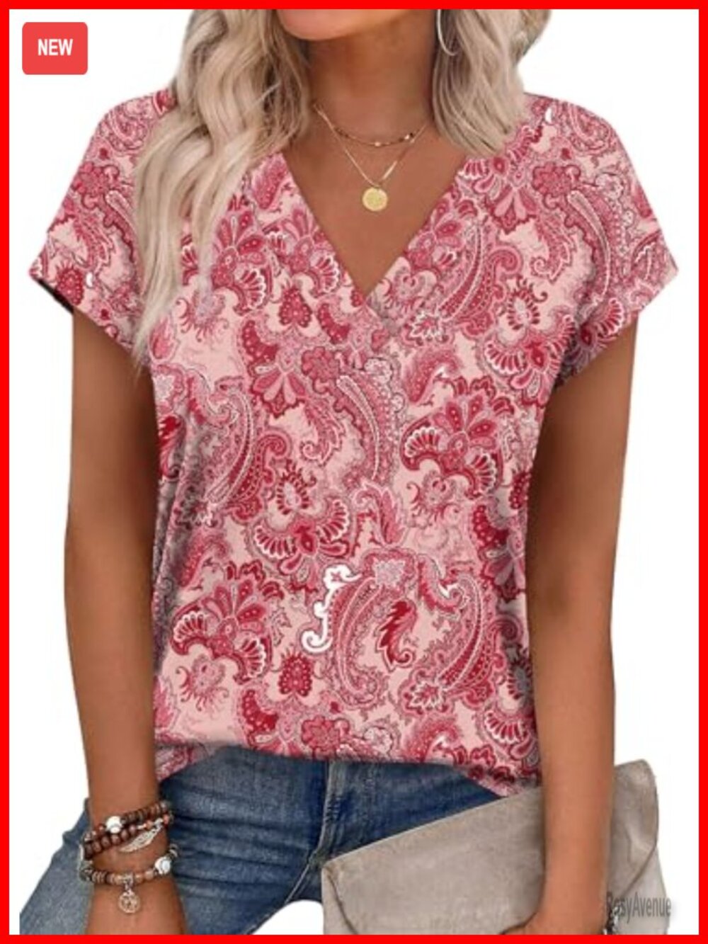 Womens V Neck Cap Sleeve Loose Fit Tee Blouse Soft Polyester Blend Summer